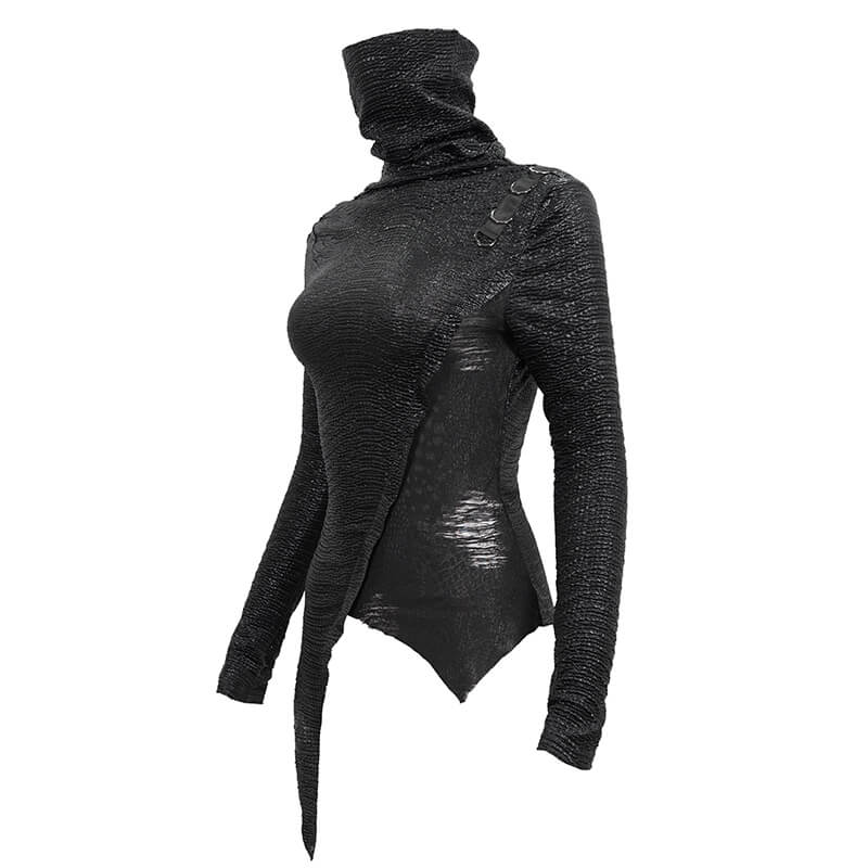 Punk style black high collar slim top with breathing mask insert for women, featuring asymmetrical design and fitted cut.